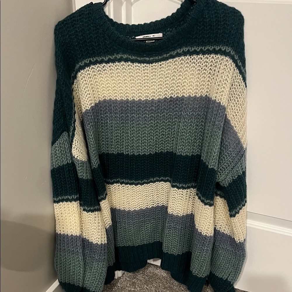 O'Neill Striped Crew Neck Sweater - Teal, Gray, Cream